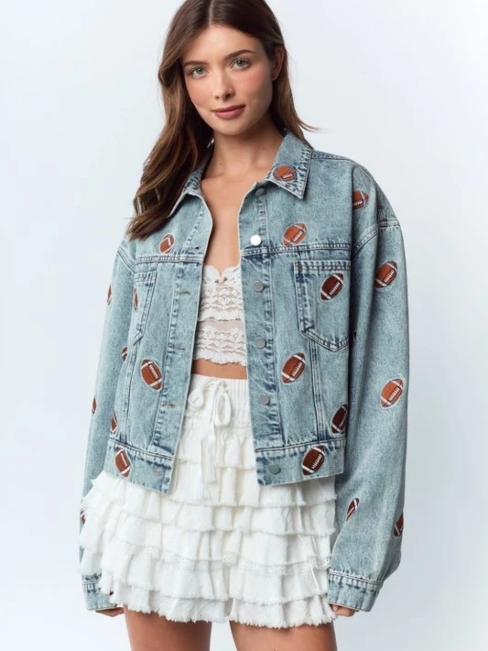 Light Wash Denim Jacket with Football Print Embroidery
